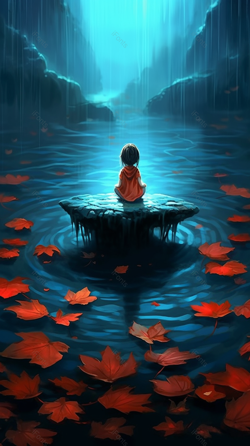 黑夜里小女孩坐在湖中的石头上观望着风景创意儿童插画设计背景,插画/手绘图,插画/手绘图库,插画/手绘图下载,插画/手绘